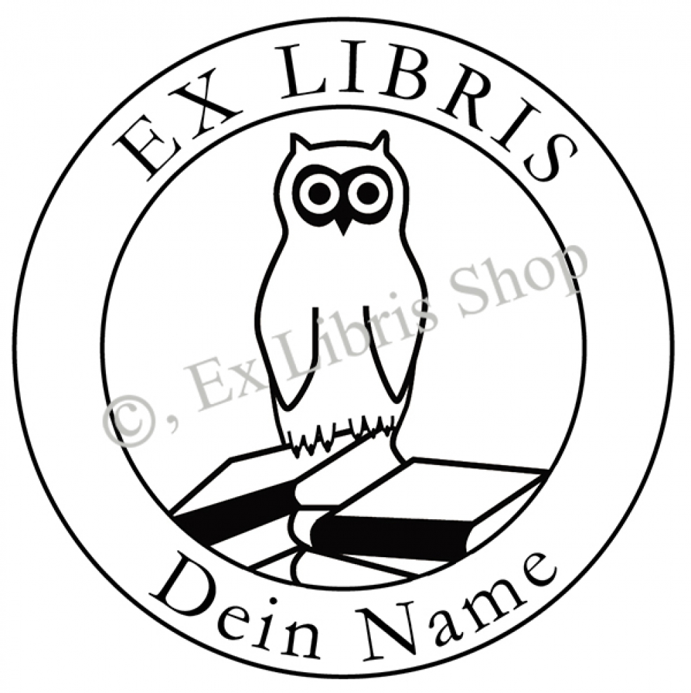 Round exlibris stamp •Owl with books•